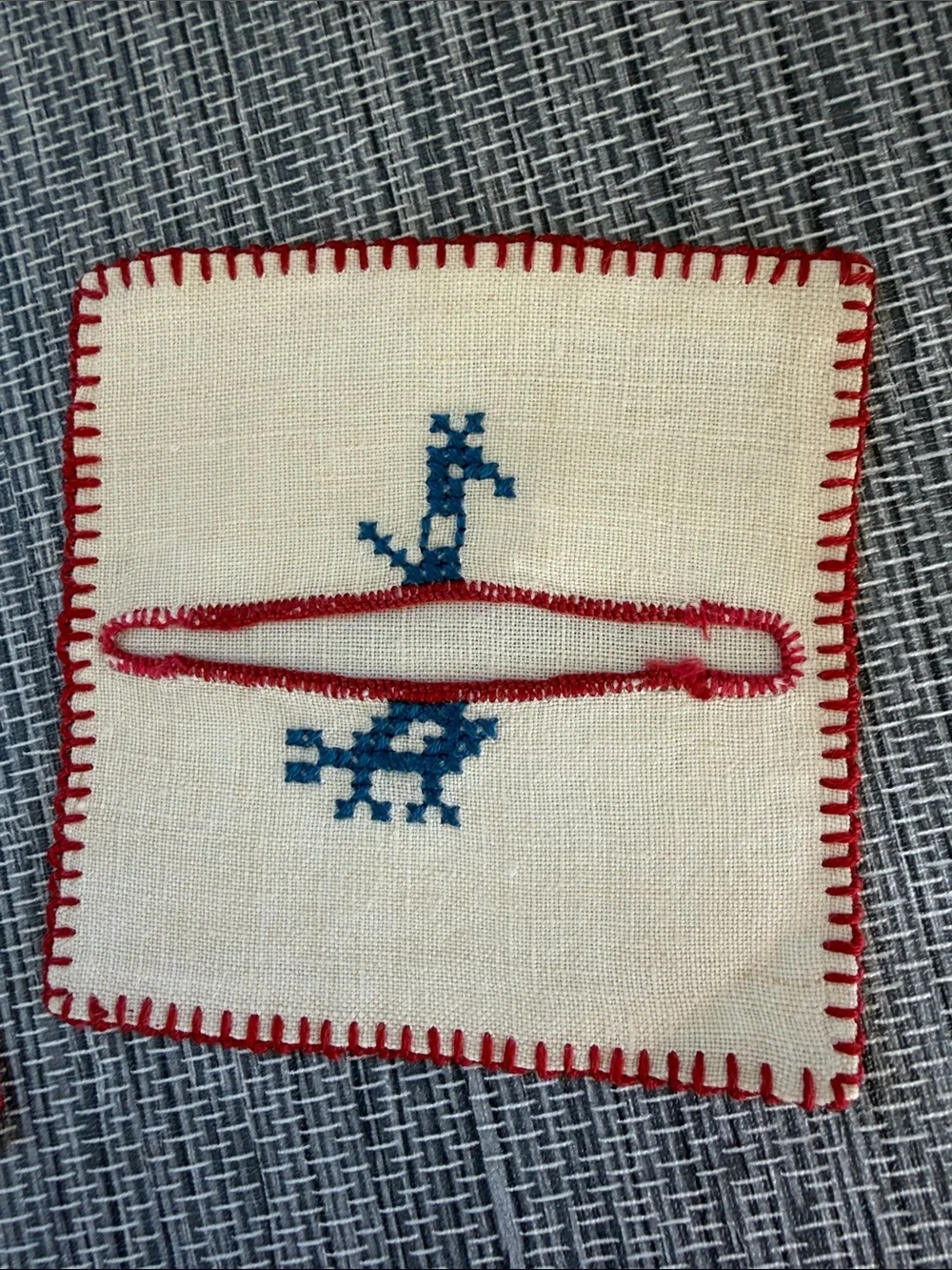 Set of Six Hand-Embroidered Animal Coasters - Red & Blue on Cream